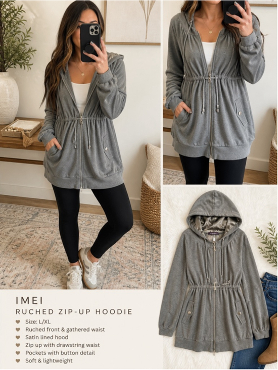 IMEI Tops - Women's IMEI Gray Velour Full-Zip Anorak Hoodie L/XL Athleisure Drawstring Waist